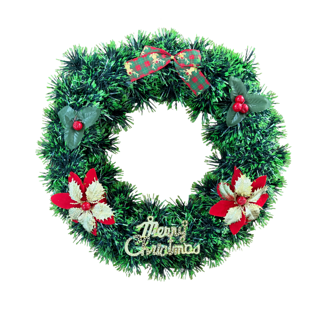 Christmas Wreath for Door Decoration – Green Pine Wreath with Flowers & Berries
