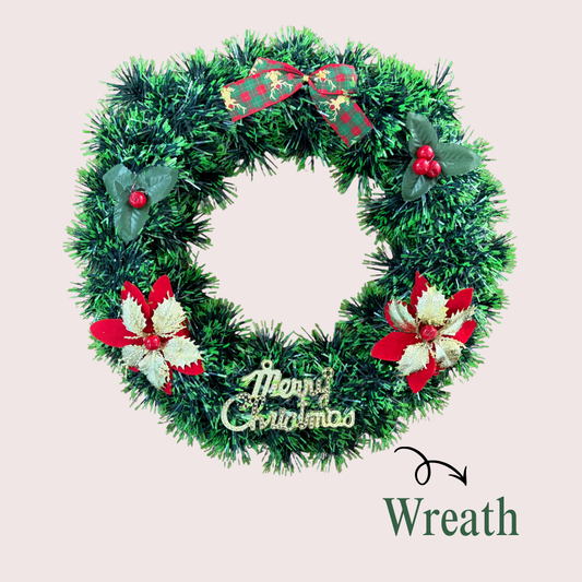 Christmas Wreath for Door Decoration – Green Pine Wreath with Flowers & Berries