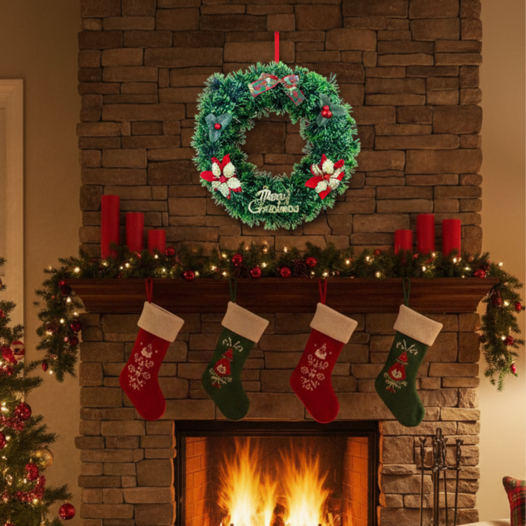 Christmas Wreath for Door Decoration – Green Pine Wreath with Flowers & Berries