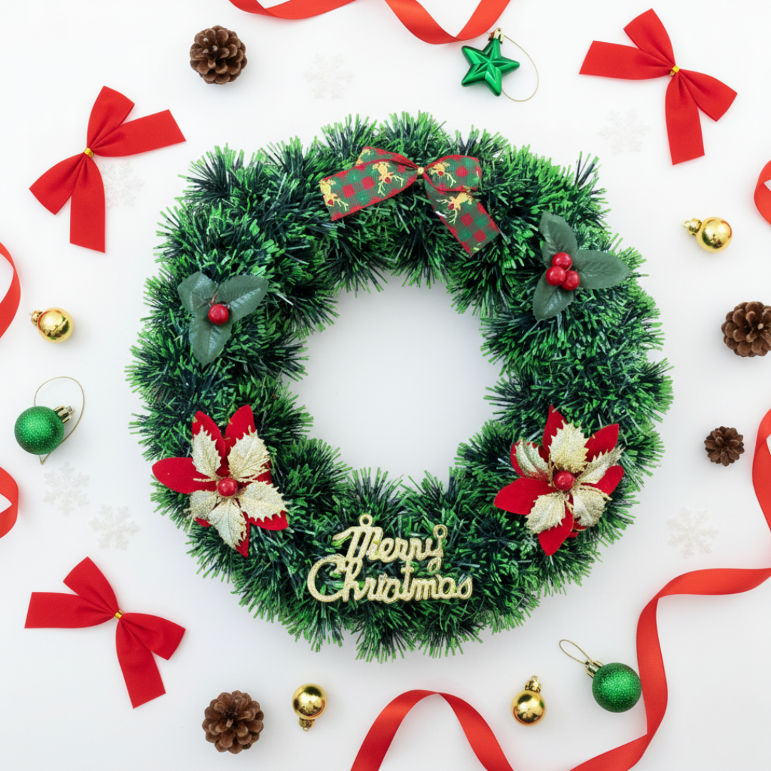 Christmas Wreath for Door Decoration – Green Pine Wreath with Flowers & Berries